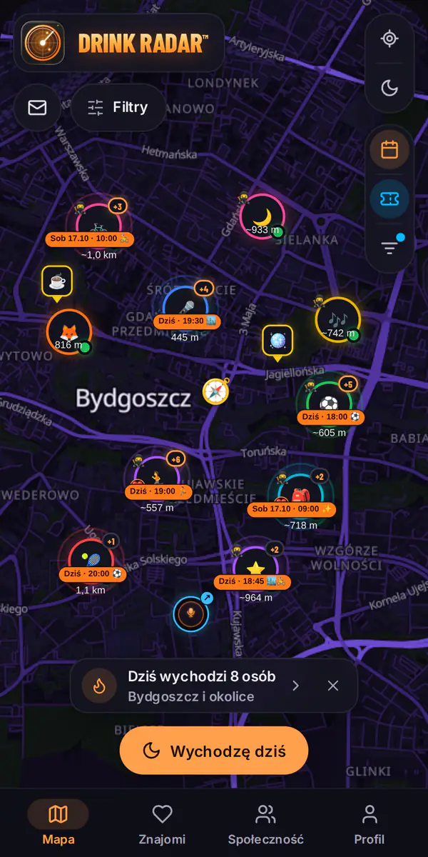 Aplikacja Drink Radar — mapa miasta z osobami w okolicy i ich planami na dziś