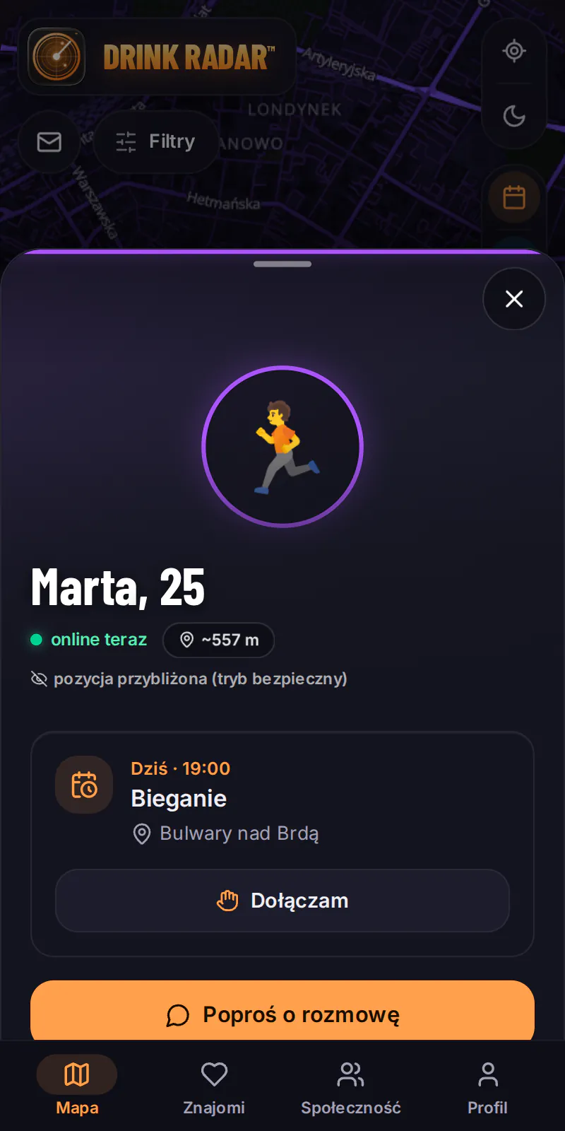 Aplikacja Drink Radar — profil osoby otwarty z mapy, z planem i przyciskiem Dołączam