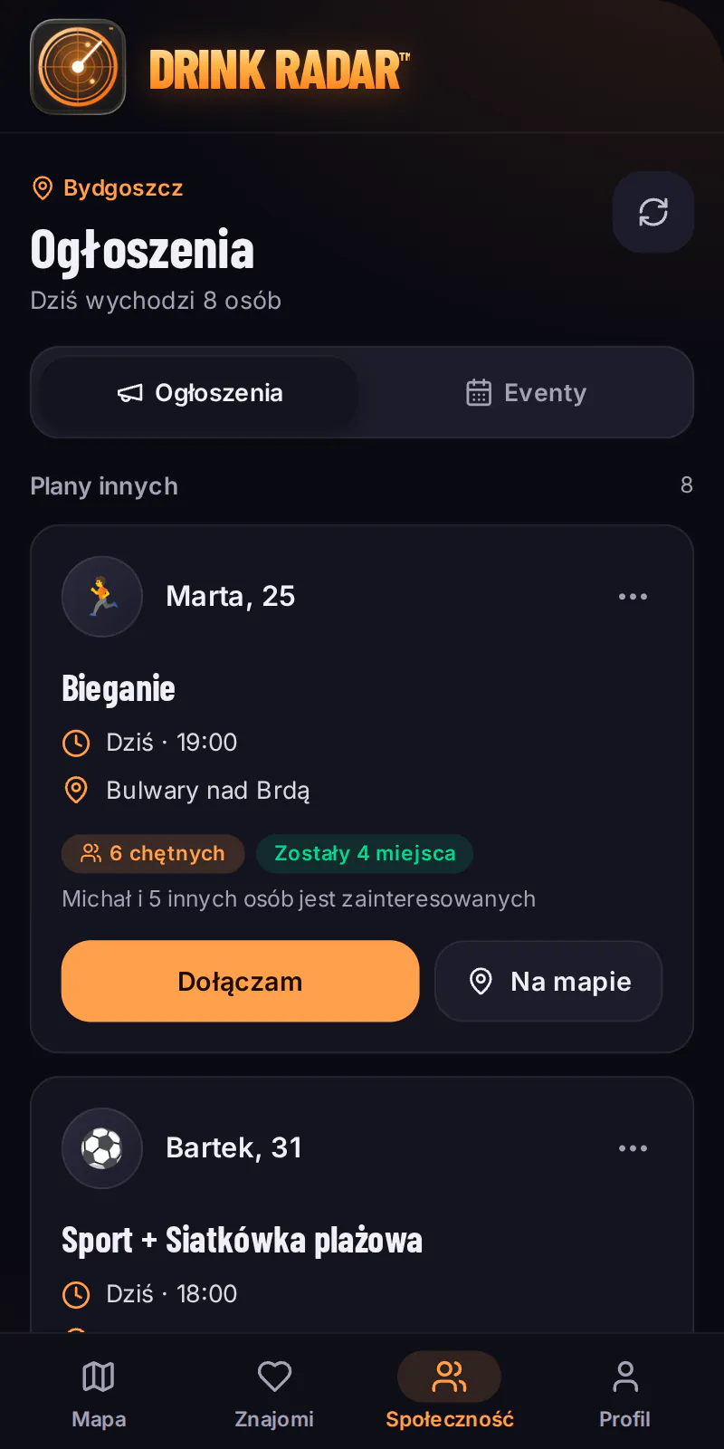 Aplikacja Drink Radar — Ogłoszenia: plany Wychodzę dziś w okolicy